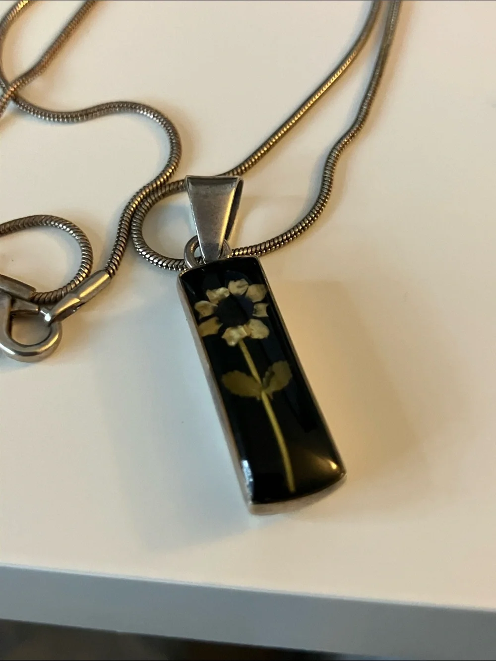 Black Floral Resin Rectangle Pendant Necklace with sterling Silver  Chain